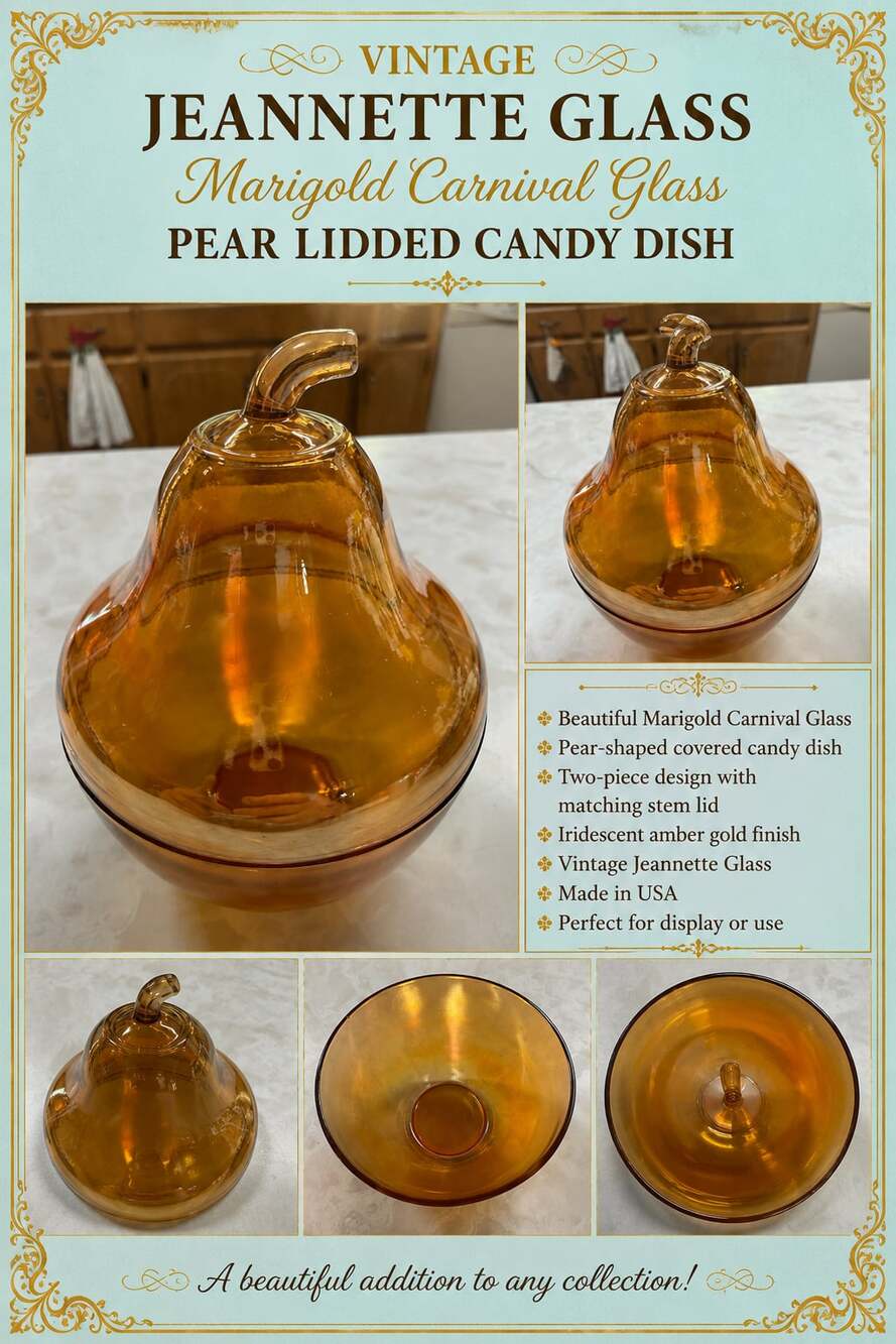 Vintage Jeannette Glass Marigold Carnival Glass Pear Lidded Candy Dish